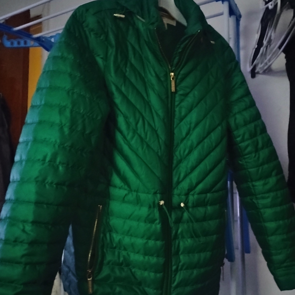 Like New (Worn Twice) Michael Kors Green Quilted Jacket with Gold Accents